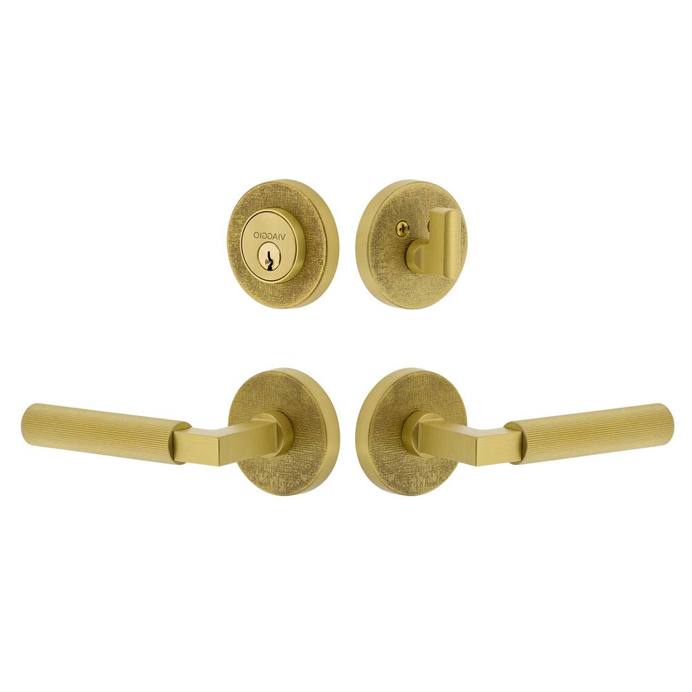 Circolo Linen Rosette with Contempo Fluted Lever and matching Deadbolt in Satin Brass
