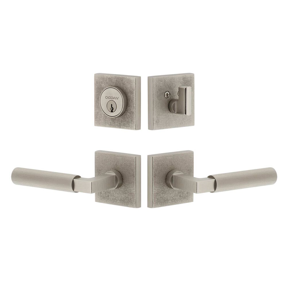 Quadrato Linen Rosette with Contempo Fluted Lever and matching Deadbolt in Satin Nickel