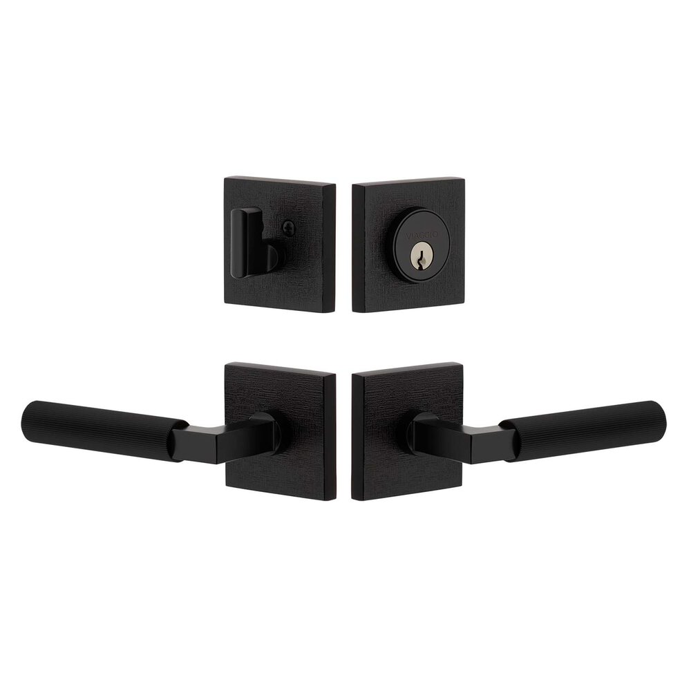 Quadrato Linen Rosette with Contempo Fluted Lever and matching Deadbolt in Satin Black