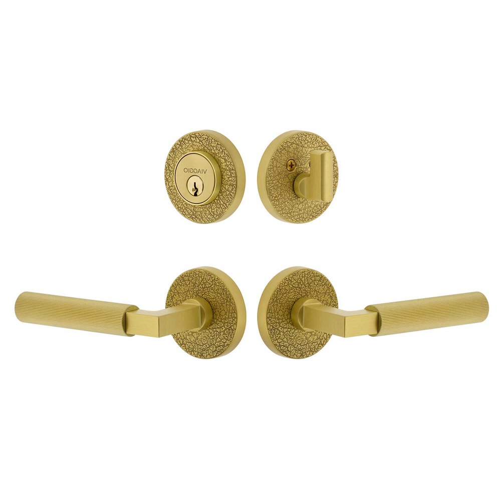 Circolo Leather Rosette with Contempo Fluted Lever and matching Deadbolt in Satin Brass