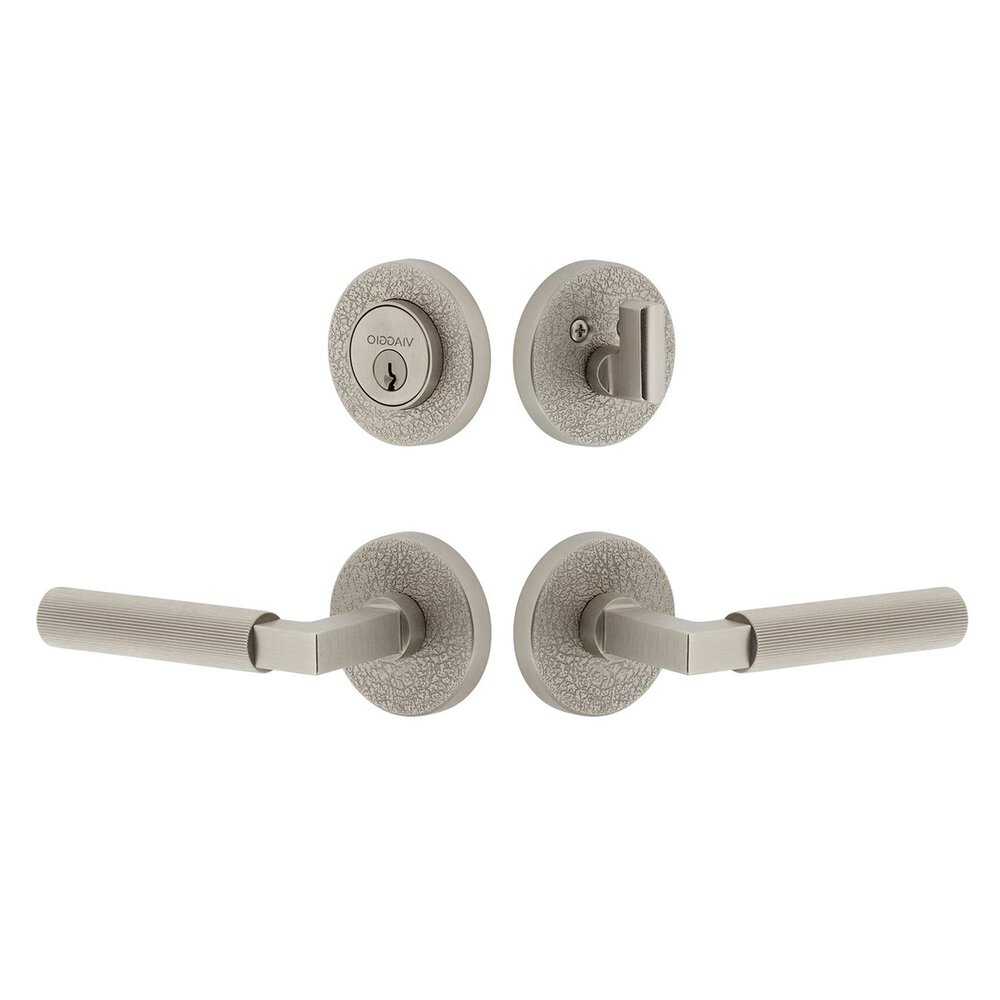 Circolo Leather Rosette with Contempo Fluted Lever and matching Deadbolt in Satin Nickel