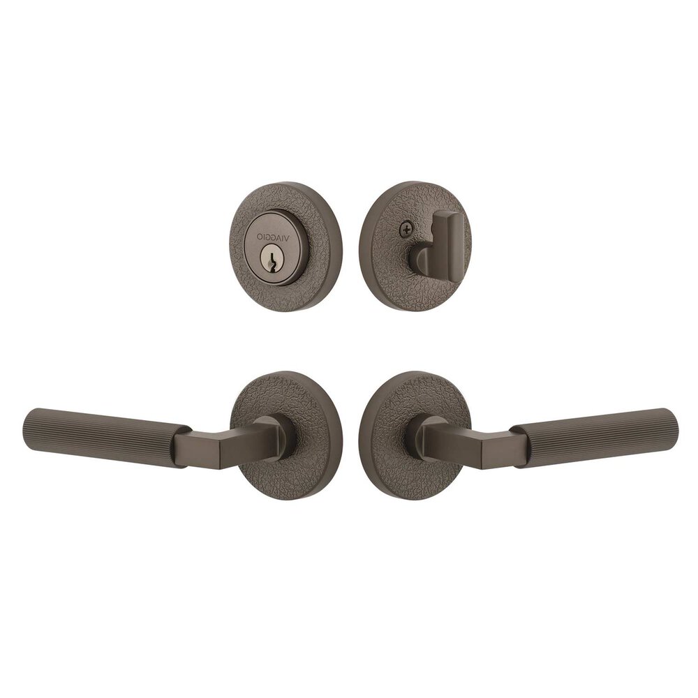 Circolo Leather Rosette with Contempo Fluted Lever and matching Deadbolt in Titanium Gray