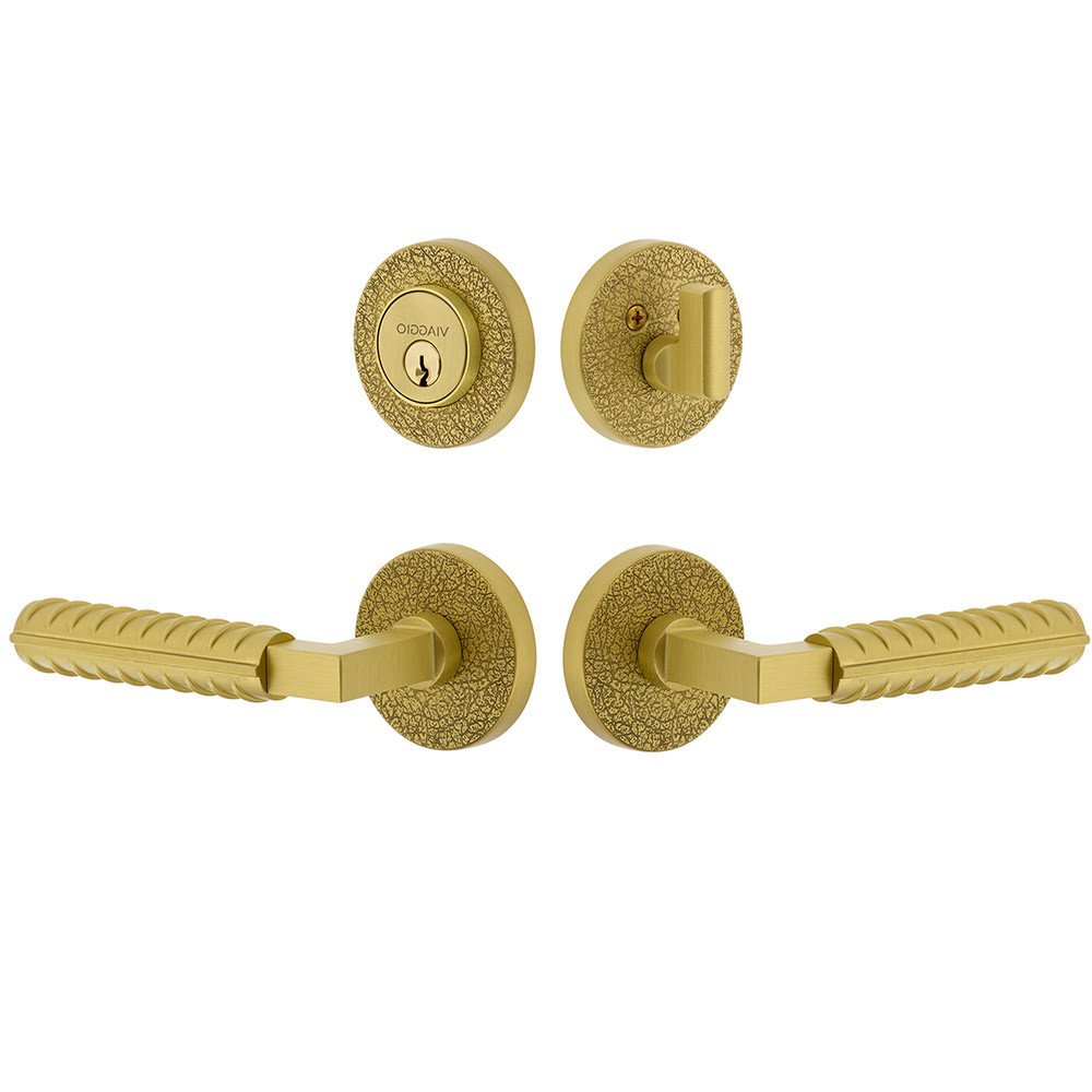 Circolo Leather Rosette with Contempo Rebar Lever and matching Deadbolt in Satin Brass