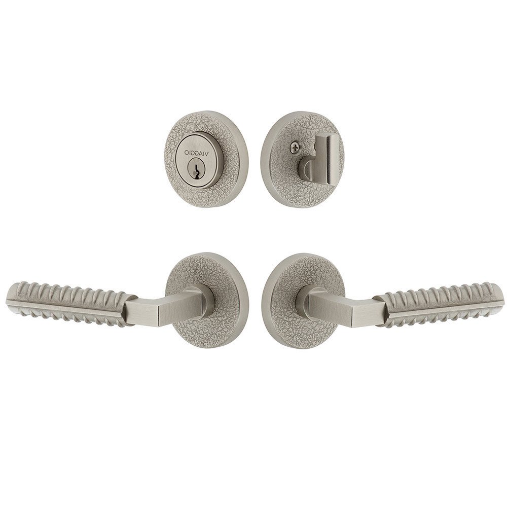 Circolo Leather Rosette with Contempo Rebar Lever and matching Deadbolt in Satin Nickel