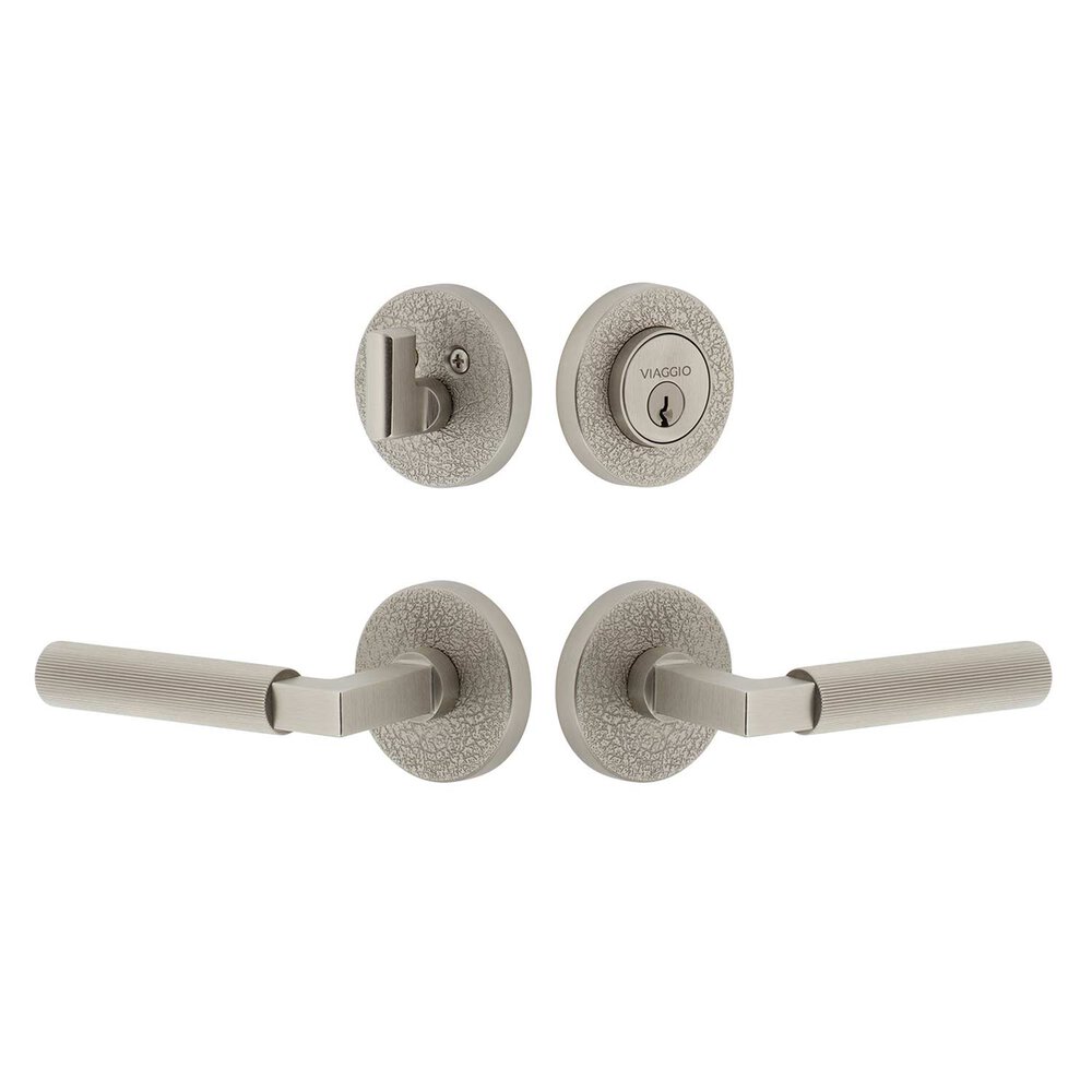 Circolo Leather Rosette with Contempo Fluted Lever and matching Deadbolt in Satin Nickel