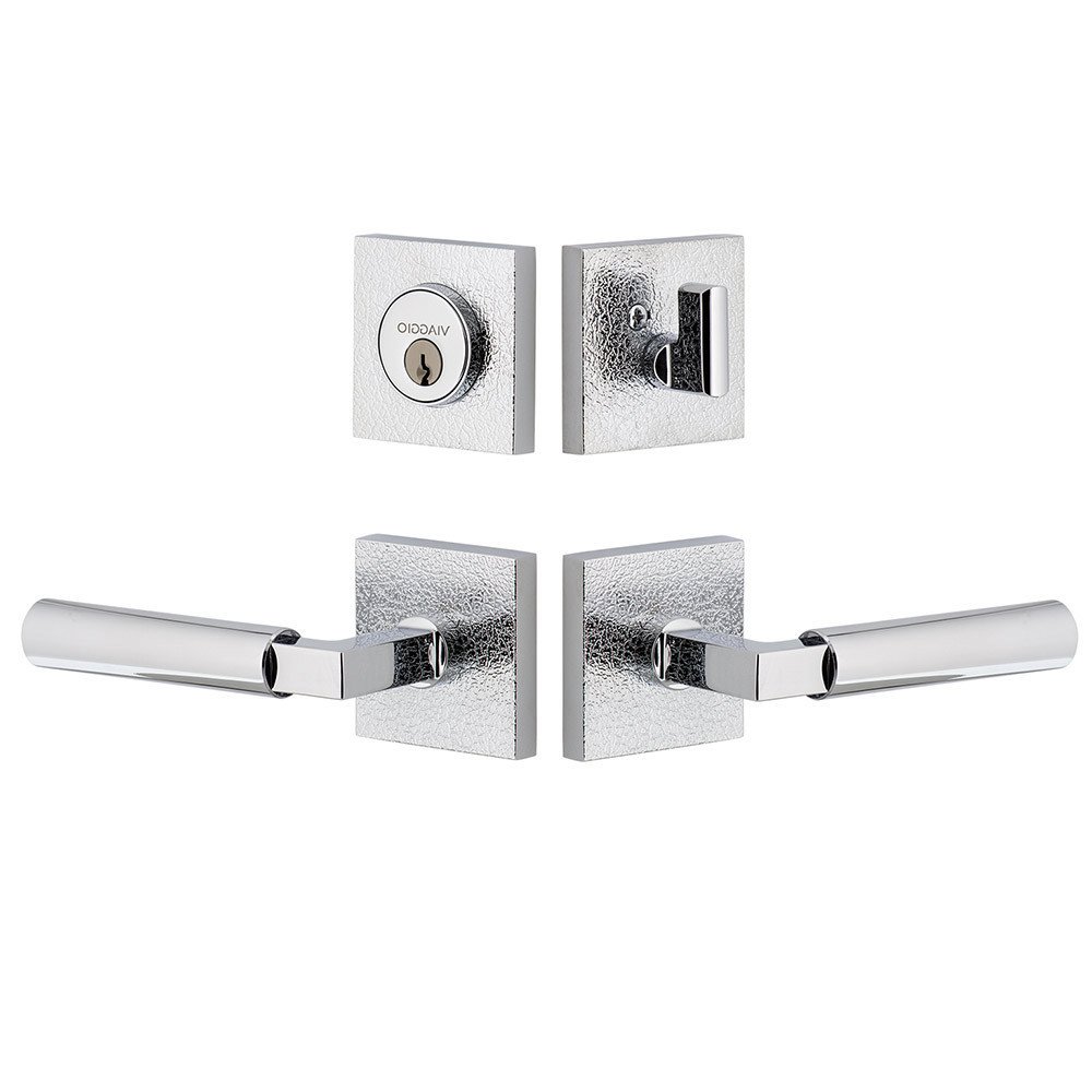 Quadrato Leather Rosette with Contempo Smooth Lever and matching Deadbolt in Bright Chrome