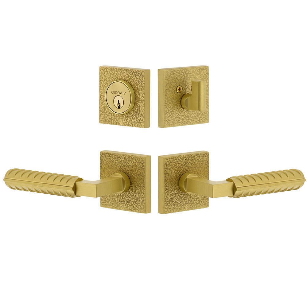 Quadrato Leather Rosette with Contempo Rebar Lever and matching Deadbolt in Satin Brass