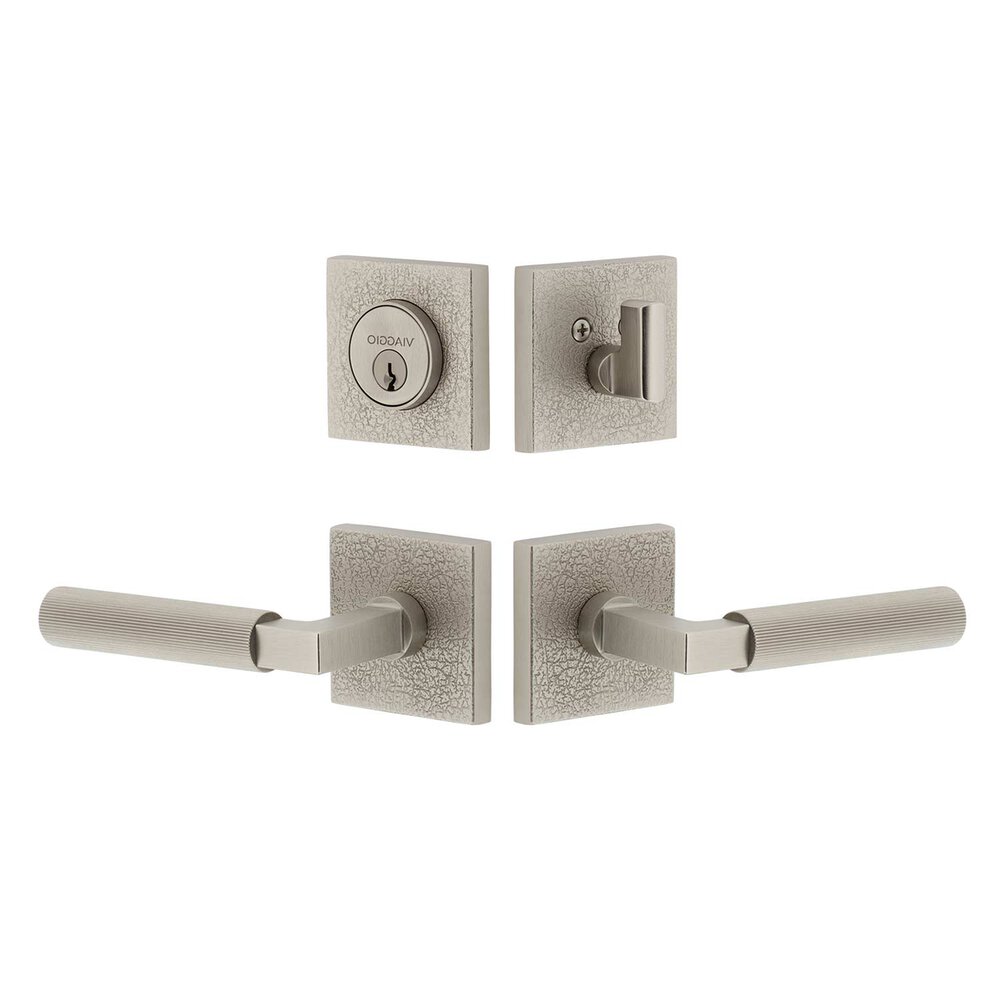Quadrato Leather Rosette with Contempo Fluted Lever and matching Deadbolt in Satin Nickel