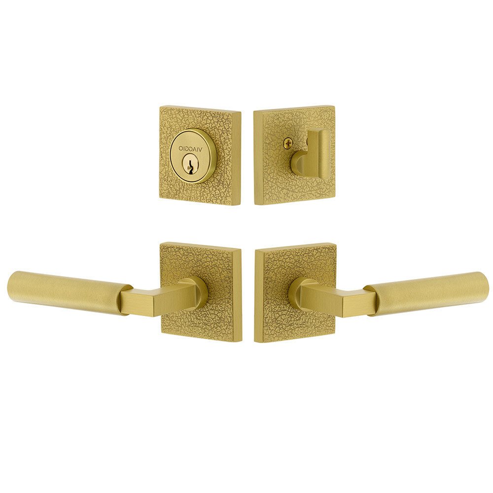 Quadrato Leather Rosette with Contempo Smooth Lever and matching Deadbolt in Satin Brass