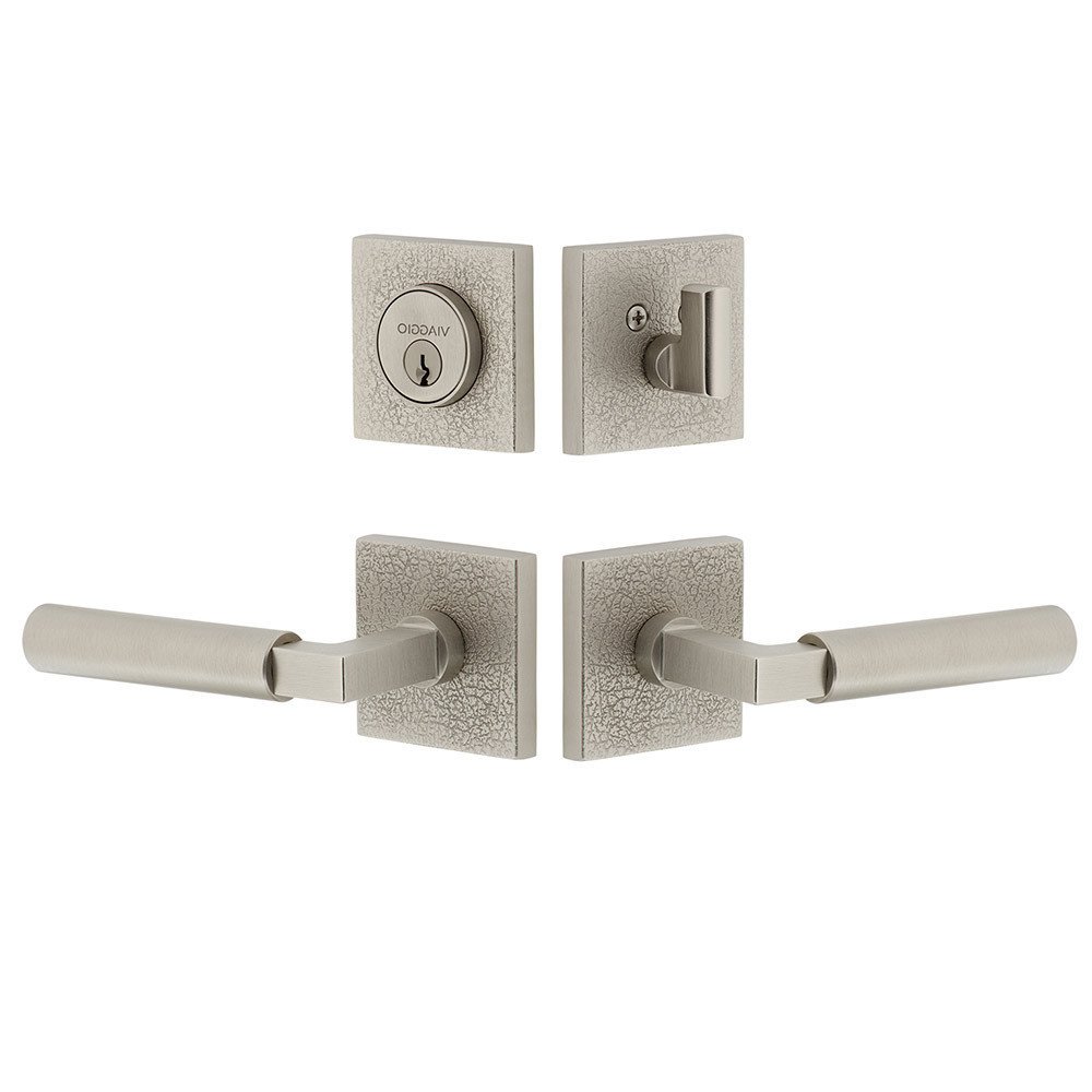 Quadrato Leather Rosette with Contempo Smooth Lever and matching Deadbolt in Satin Nickel
