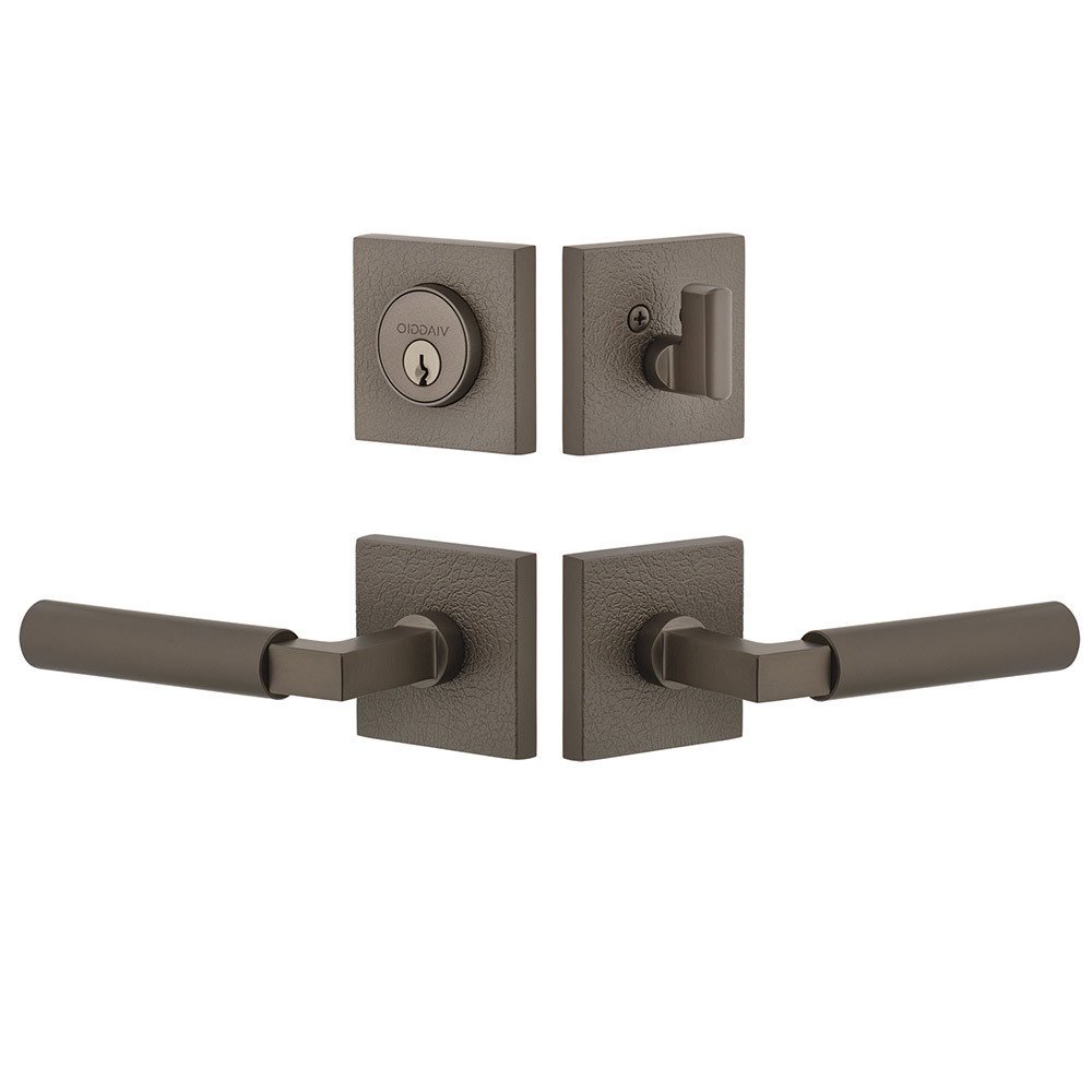 Quadrato Leather Rosette with Contempo Smooth Lever and matching Deadbolt in Titanium Gray