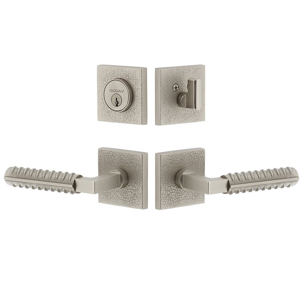 Quadrato Leather Rosette with Contempo Rebar Lever and matching Deadbolt in Satin Nickel
