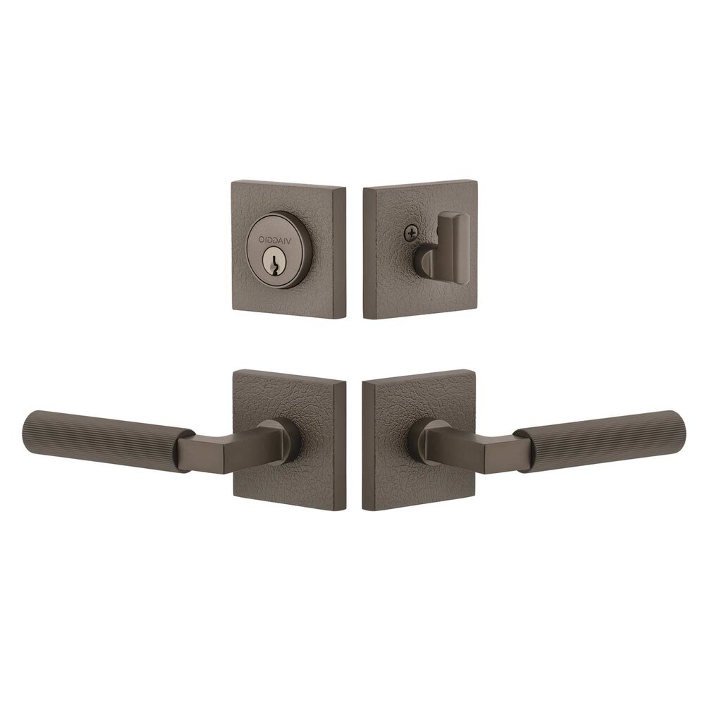 Quadrato Leather Rosette with Contempo Fluted Lever and matching Deadbolt in Titanium Gray