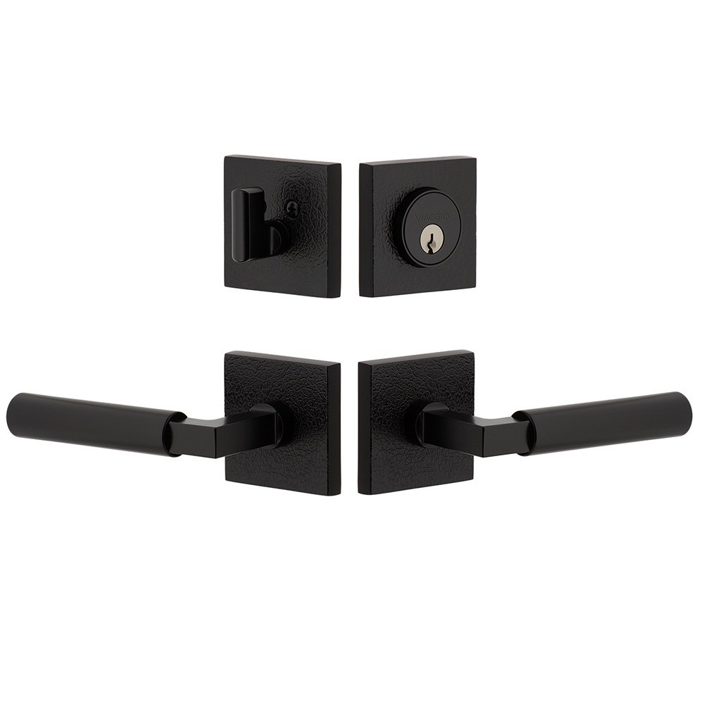 Quadrato Leather Rosette with Contempo Smooth Lever and matching Deadbolt in Satin Black