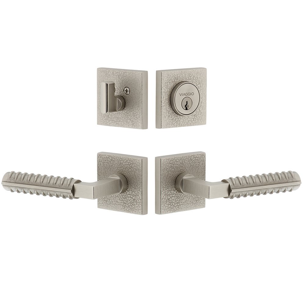 Quadrato Leather Rosette with Contempo Rebar Lever and matching Deadbolt in Satin Nickel