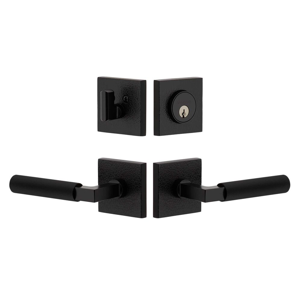 Quadrato Leather Rosette with Contempo Fluted Lever and matching Deadbolt in Satin Black