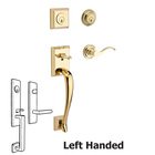 Handleset with Left Handed Curve Lever and Traditional Round Rose in Polished Brass