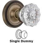 Single Dummy Knob - Rope Rose with Crystal Door Knob in Antique Brass