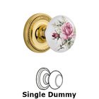 Single Dummy Knob Without Keyhole - Rope Rosette with Rose Porcelain Knob in Unlacquered Brass