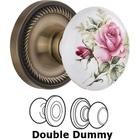 Double Dummy - Rope Rose with Rose Porcelain Knob in Antique Brass