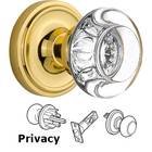 Privacy Classic Rosette with Round Clear Crystal Knob in Unlacquered Brass